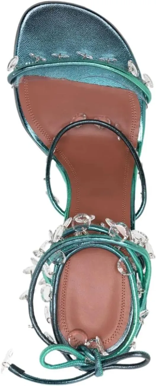 Vertundy Women's Ankle Strappy High-Heeled Sandals Rhinestone Chandelier Embellished Lace Up Round Toe Crystal Stilettos Dress Wedding Sandal Ladies