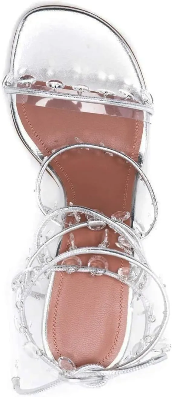 Vertundy Women's Ankle Strappy High-Heeled Sandals Rhinestone Chandelier Embellished Lace Up Round Toe Crystal Stilettos Dress Wedding Sandal Ladies