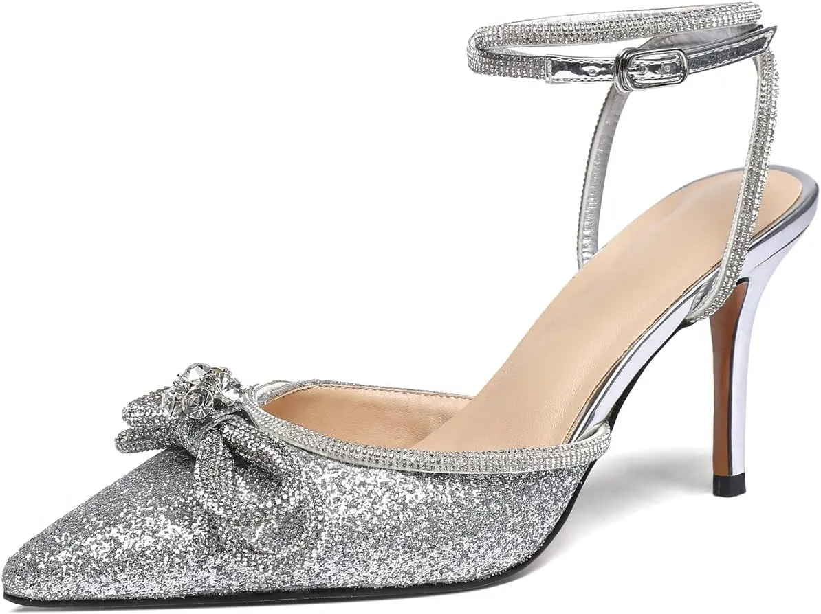 Vertundy Women's Lace up High Heeled Sandals Ankle Buckle Strap Rhinestone Bowknot Stilettos Satin Pointy Pumps