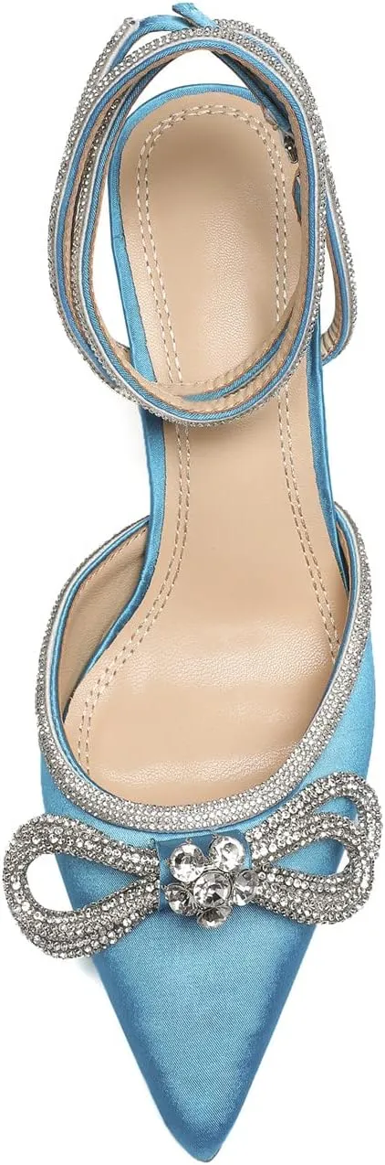 Vertundy Women's Lace up High Heeled Sandals Ankle Buckle Strap Rhinestone Bowknot Stilettos Satin Pointy Pumps
