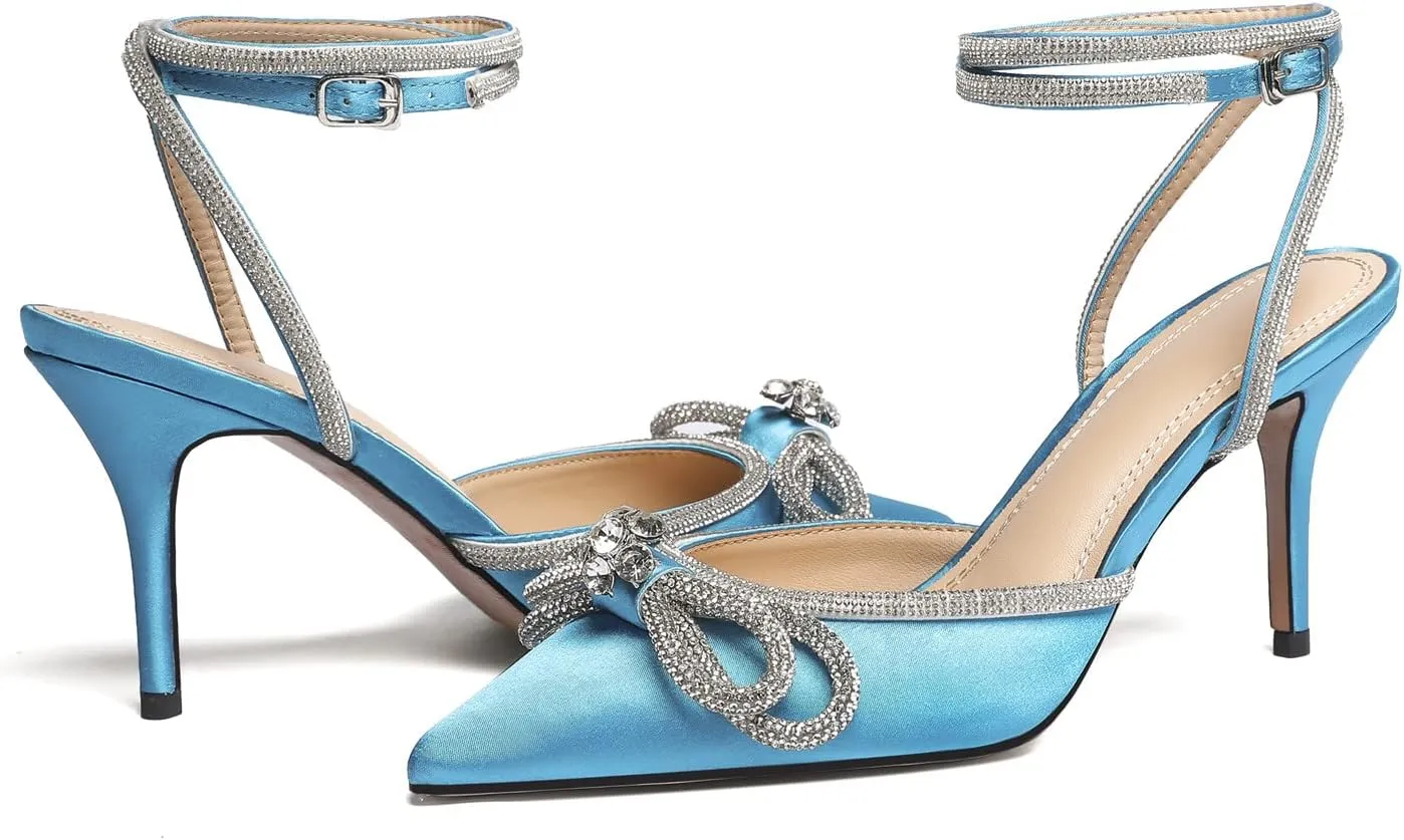 Vertundy Women's Lace up High Heeled Sandals Ankle Buckle Strap Rhinestone Bowknot Stilettos Satin Pointy Pumps