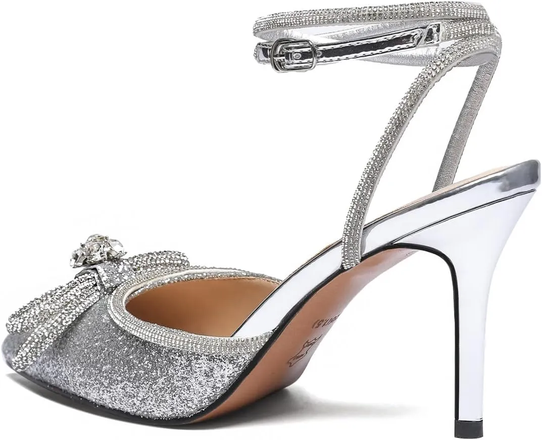 Vertundy Women's Lace up High Heeled Sandals Ankle Buckle Strap Rhinestone Bowknot Stilettos Satin Pointy Pumps