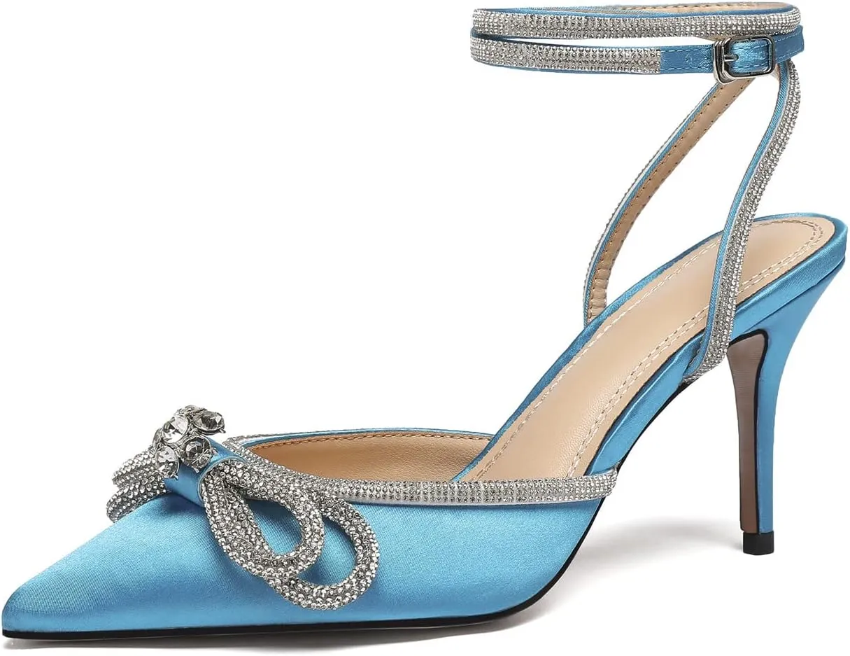 Vertundy Women's Lace up High Heeled Sandals Ankle Buckle Strap Rhinestone Bowknot Stilettos Satin Pointy Pumps