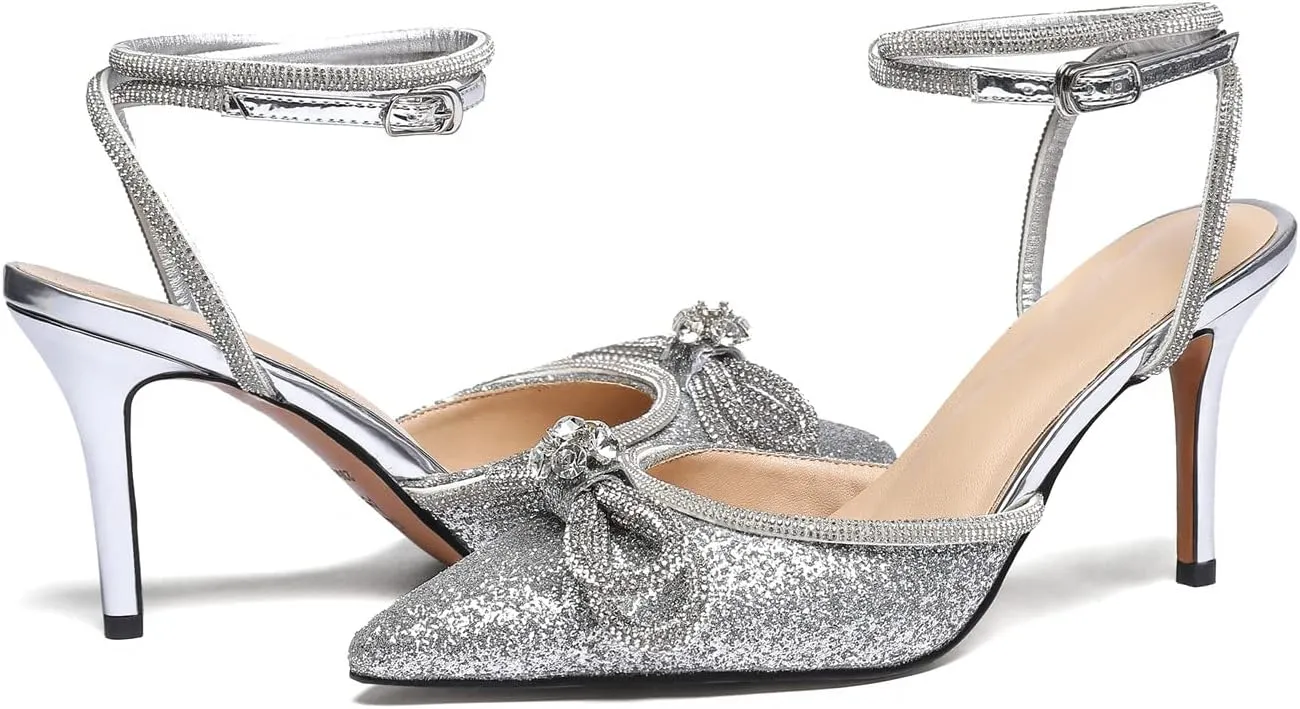 Vertundy Women's Lace up High Heeled Sandals Ankle Buckle Strap Rhinestone Bowknot Stilettos Satin Pointy Pumps