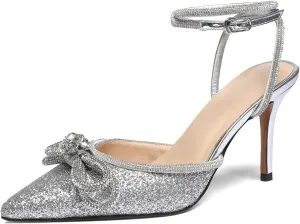 Vertundy Women's Lace up High Heeled Sandals Ankle Buckle Strap Rhinestone Bowknot Stilettos Satin Pointy Pumps