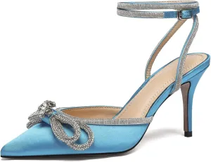 Vertundy Women's Lace up High Heeled Sandals Ankle Buckle Strap Rhinestone Bowknot Stilettos Satin Pointy Pumps