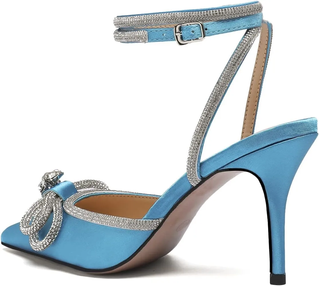 Vertundy Women's Lace up High Heeled Sandals Ankle Buckle Strap Rhinestone Bowknot Stilettos Satin Pointy Pumps