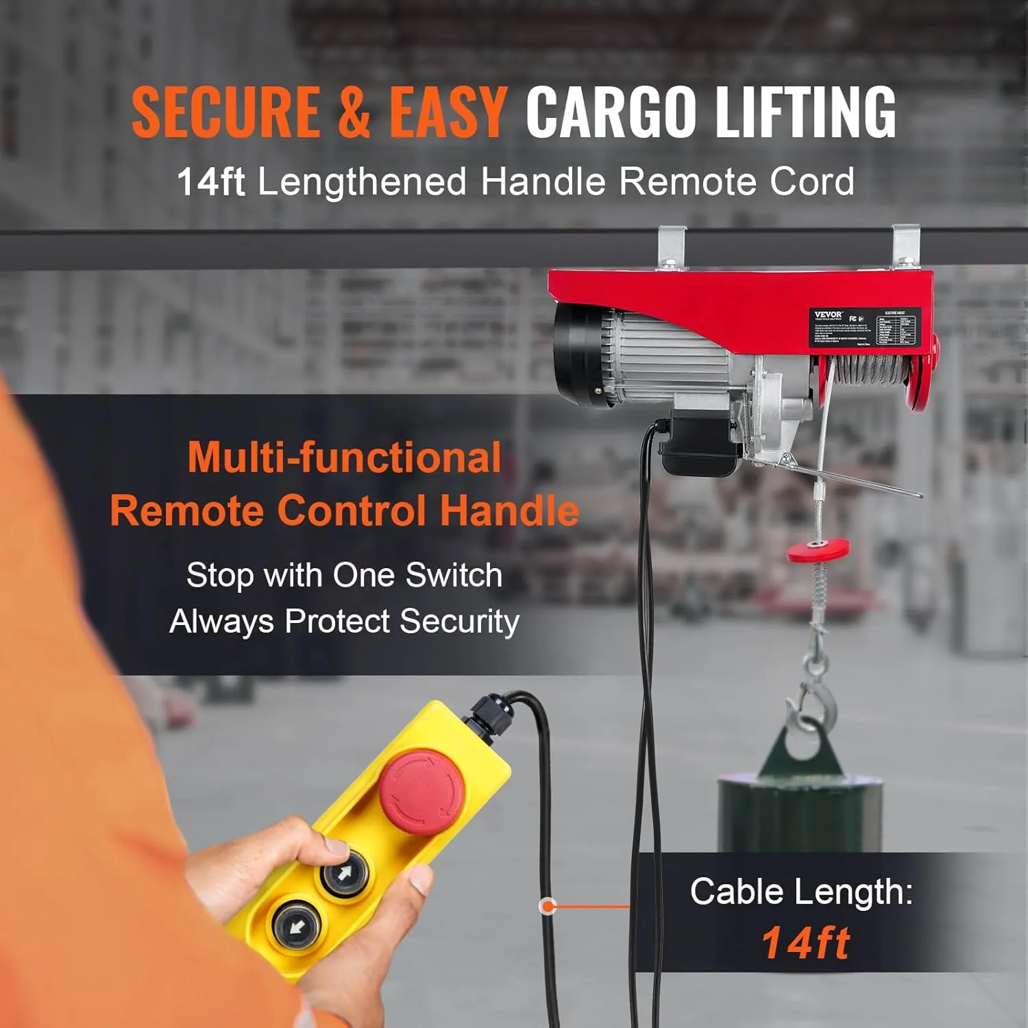VEVOR Electric Hoist with 14ft Control, 1320LBS Electric Winch, 110V Electric Hoist with Remote Control & Single/Double Slings for Lifting in Factories, Warehouses, Construction Site, Mine Filed