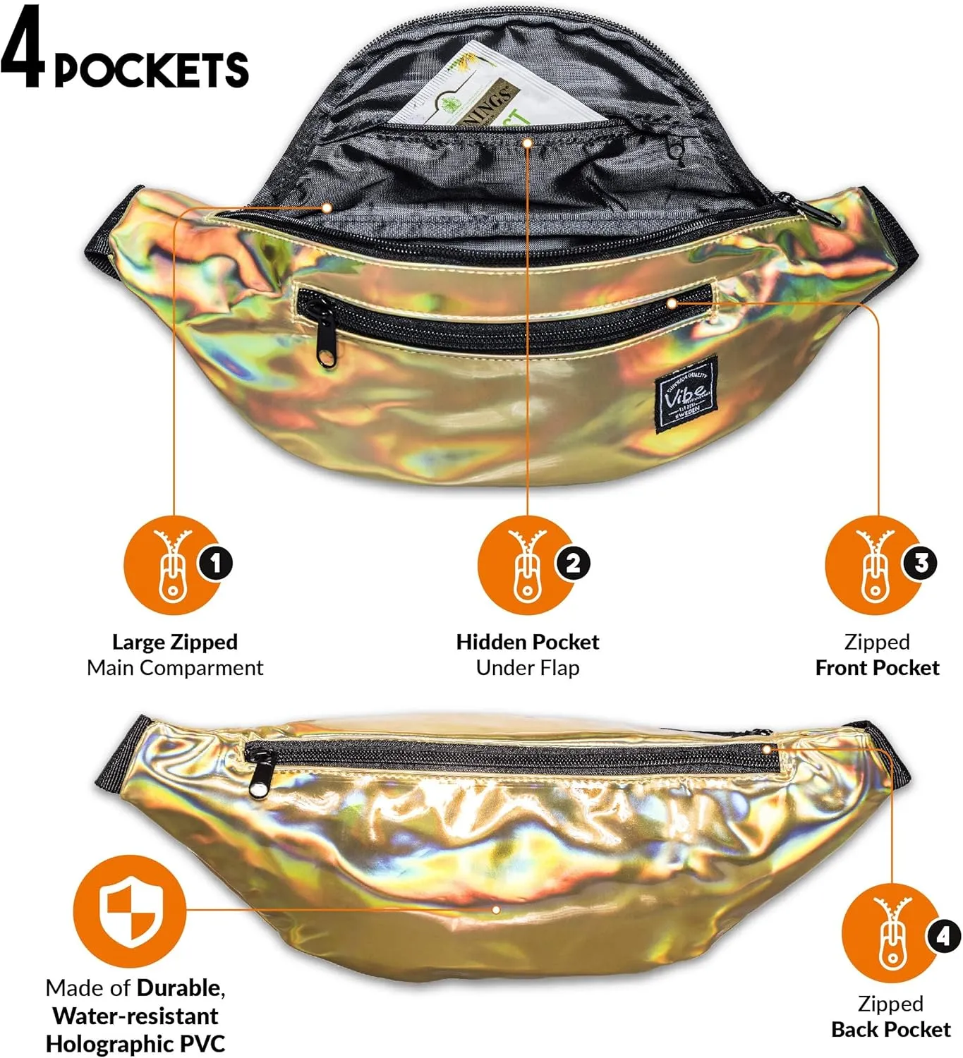 Vibe Festival Gear Fanny Pack for Men Women - Many Prints - Black Holographic Silver Gold Cute Waist Bag for Festival Rave Hiking Running Cycling