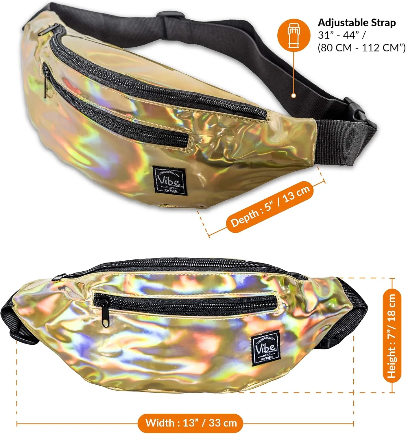 Vibe Festival Gear Fanny Pack for Men Women - Many Prints - Black Holographic Silver Gold Cute Waist Bag for Festival Rave Hiking Running Cycling