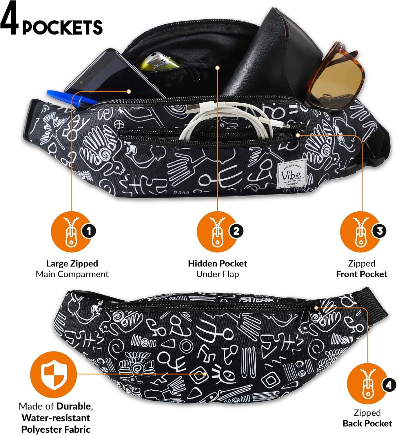Vibe Festival Gear Fanny Pack for Men Women - Many Prints - Black Holographic Silver Gold Cute Waist Bag for Festival Rave Hiking Running Cycling