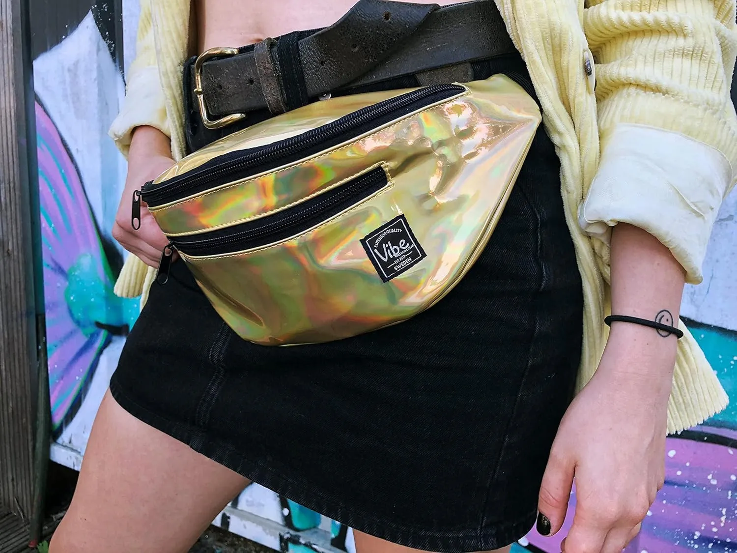 Vibe Festival Gear Fanny Pack for Men Women - Many Prints - Black Holographic Silver Gold Cute Waist Bag for Festival Rave Hiking Running Cycling