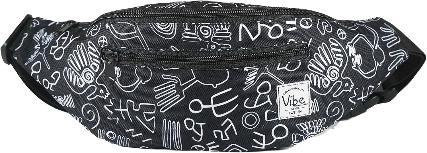 Vibe Festival Gear Fanny Pack for Men Women - Many Prints - Black Holographic Silver Gold Cute Waist Bag for Festival Rave Hiking Running Cycling