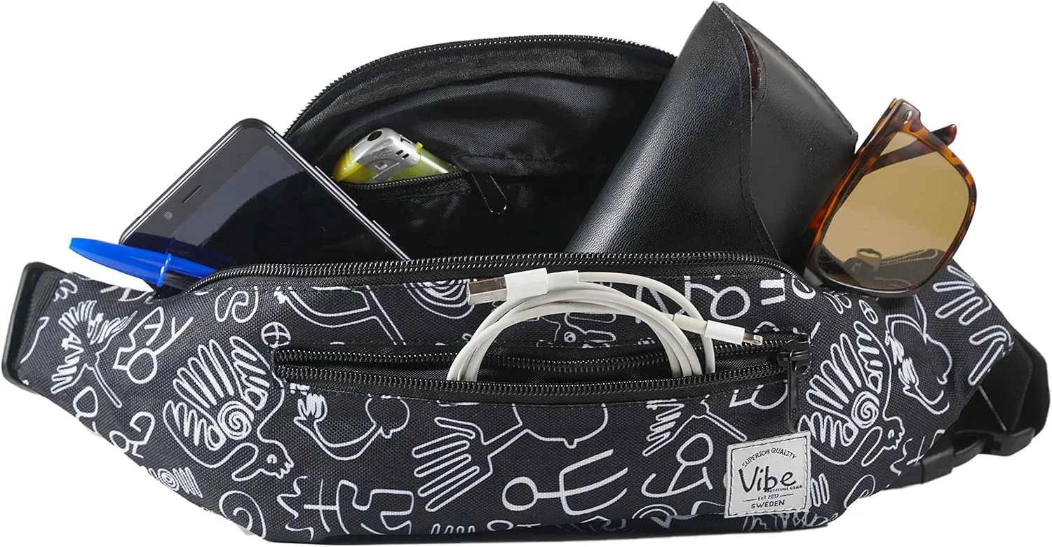Vibe Festival Gear Fanny Pack for Men Women - Many Prints - Black Holographic Silver Gold Cute Waist Bag for Festival Rave Hiking Running Cycling