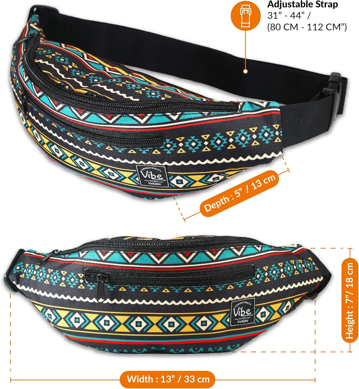 Vibe Festival Gear Fanny Pack for Men Women - Many Prints - Black Holographic Silver Gold Cute Waist Bag for Festival Rave Hiking Running Cycling