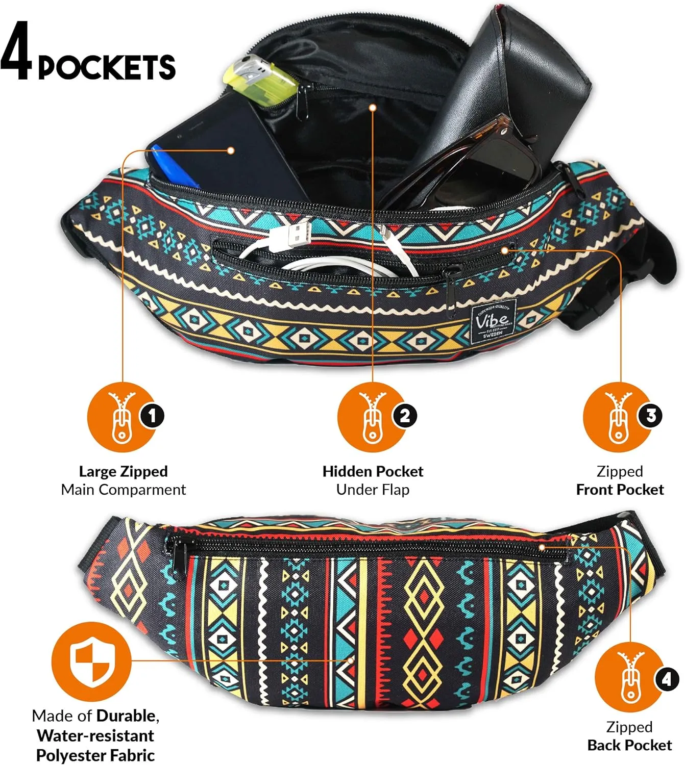 Vibe Festival Gear Fanny Pack for Men Women - Many Prints - Black Holographic Silver Gold Cute Waist Bag for Festival Rave Hiking Running Cycling