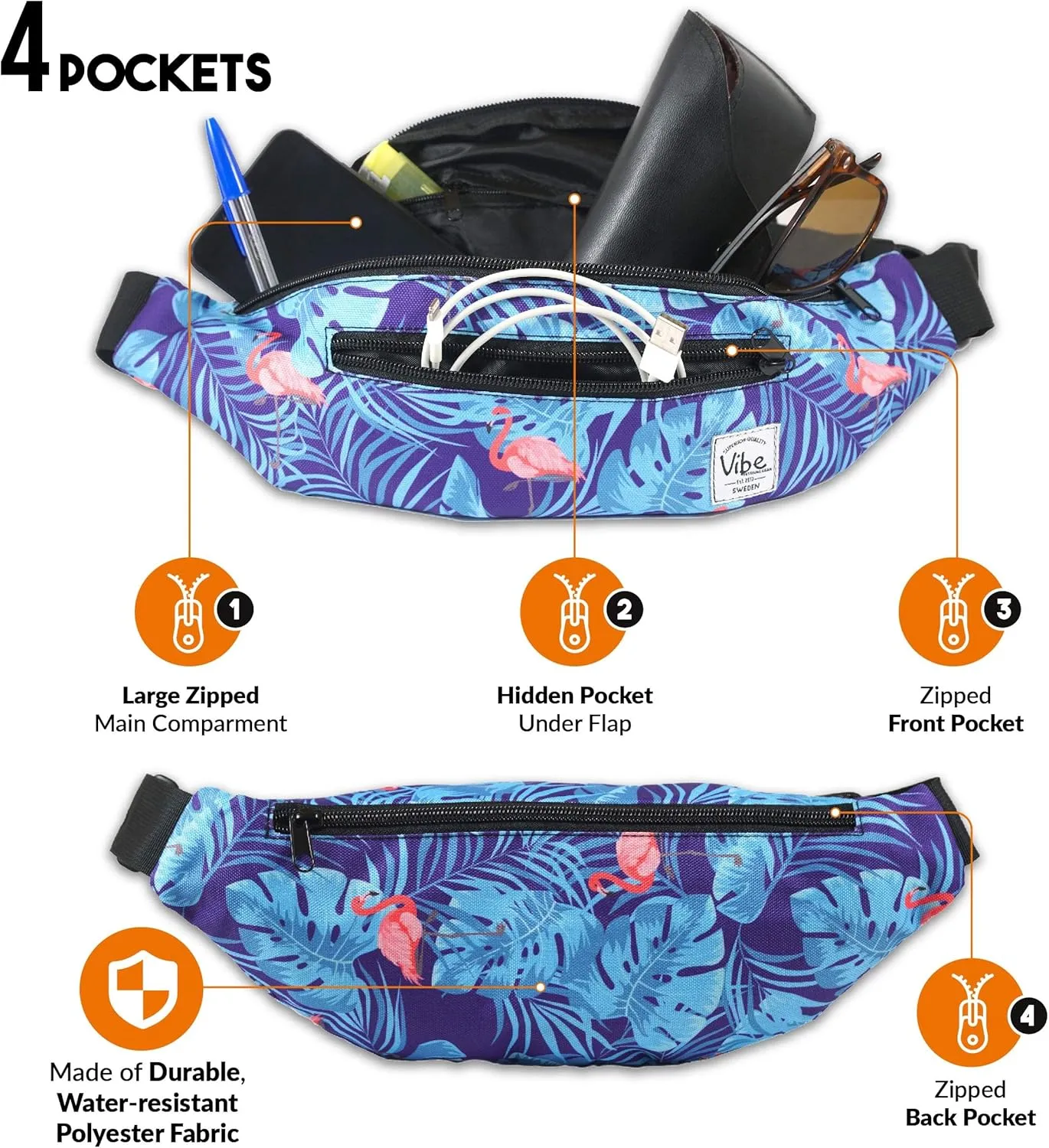Vibe Festival Gear Fanny Pack for Men Women - Many Prints - Black Holographic Silver Gold Cute Waist Bag for Festival Rave Hiking Running Cycling