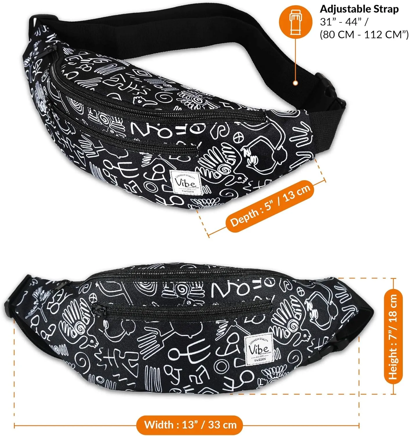 Vibe Festival Gear Fanny Pack for Men Women - Many Prints - Black Holographic Silver Gold Cute Waist Bag for Festival Rave Hiking Running Cycling