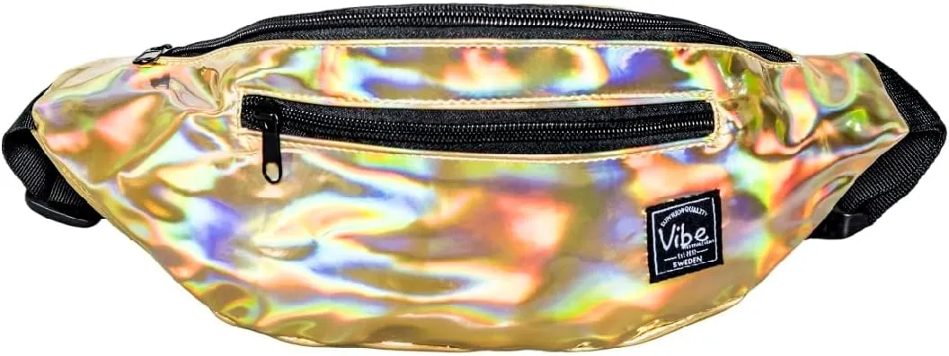 Vibe Festival Gear Fanny Pack for Men Women - Many Prints - Black Holographic Silver Gold Cute Waist Bag for Festival Rave Hiking Running Cycling