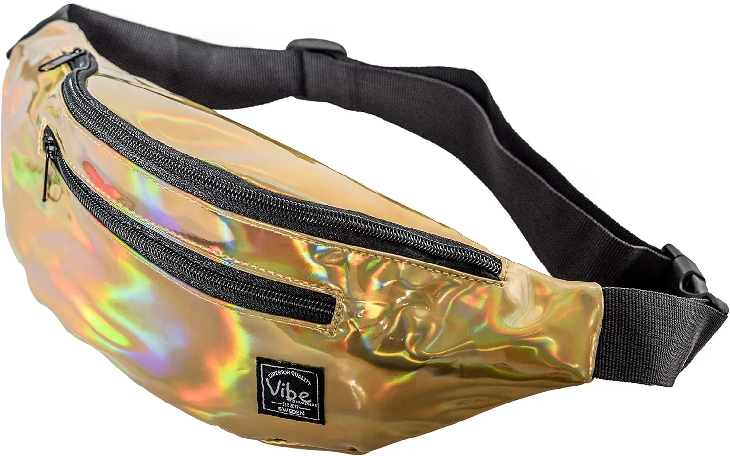 Vibe Festival Gear Fanny Pack for Men Women - Many Prints - Black Holographic Silver Gold Cute Waist Bag for Festival Rave Hiking Running Cycling