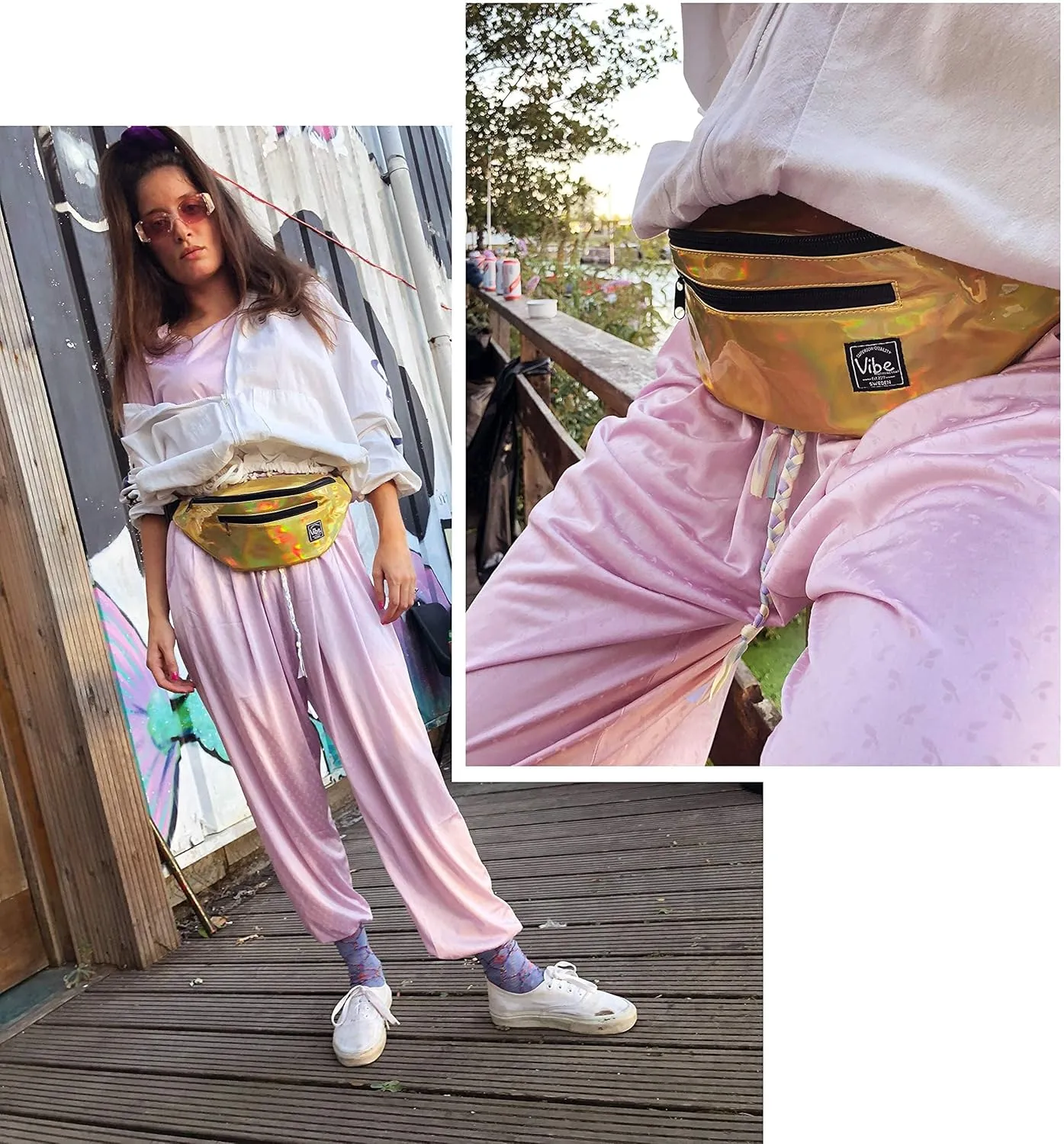 Vibe Festival Gear Fanny Pack for Men Women - Many Prints - Black Holographic Silver Gold Cute Waist Bag for Festival Rave Hiking Running Cycling