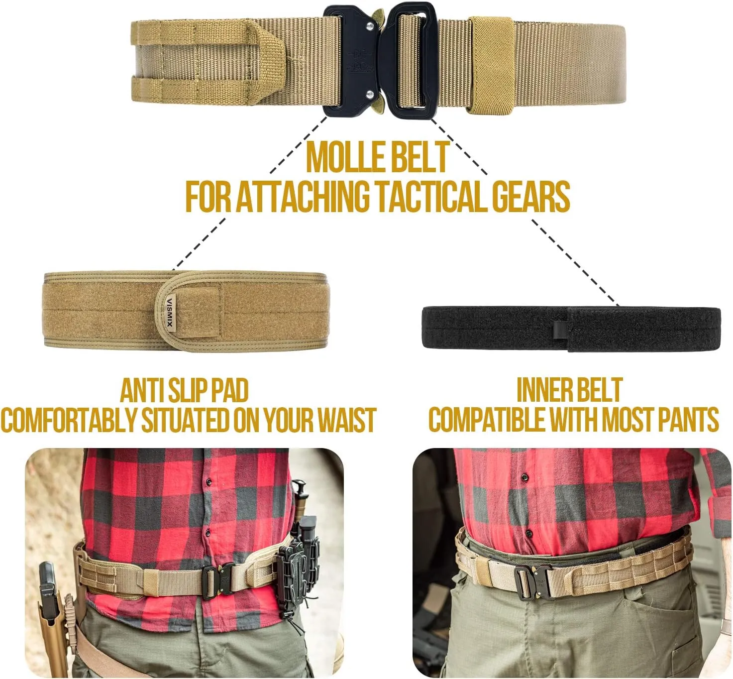 VISMIX Tactical Belt, Quick Release 1.75" MOLLE Battle Belt with Inner Belt and Anti-Slip Pad- Heavy Duty Battle Belts