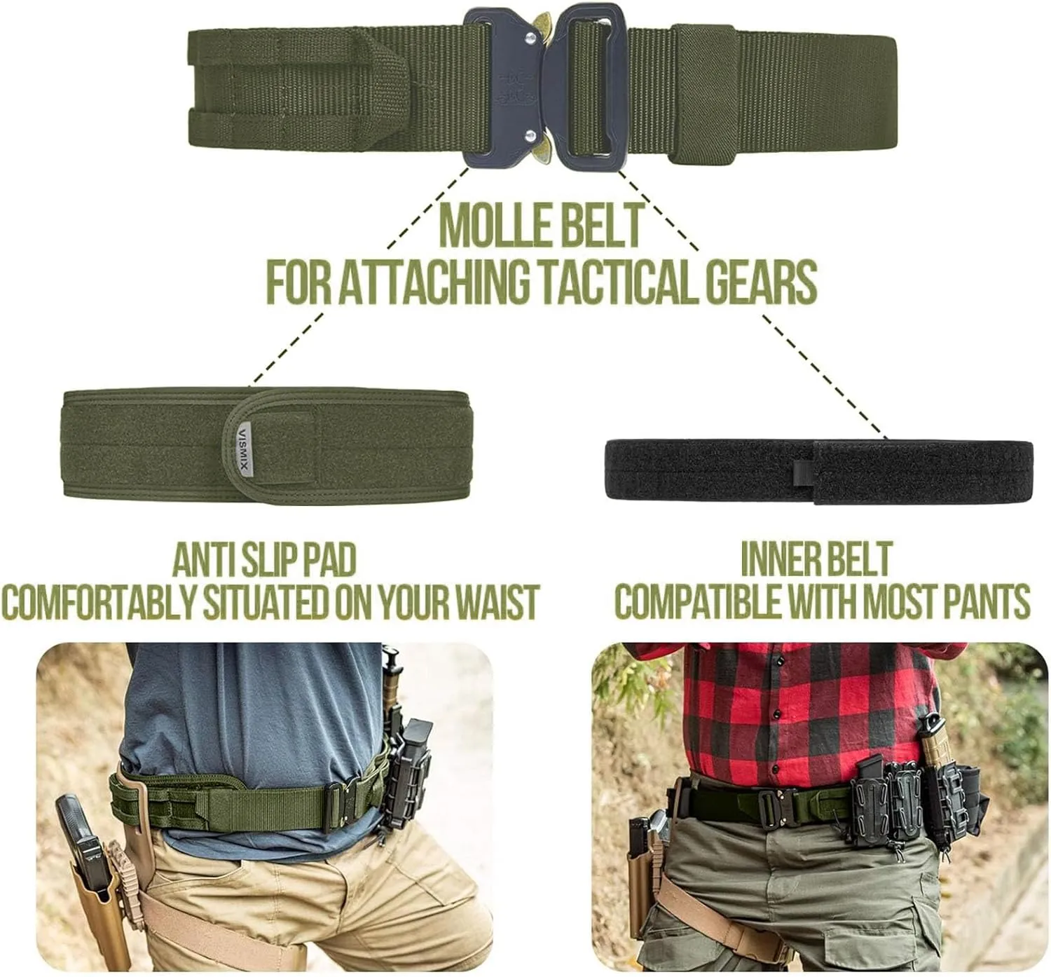 VISMIX Tactical Belt, Quick Release 1.75" MOLLE Battle Belt with Inner Belt and Anti-Slip Pad- Heavy Duty Battle Belts
