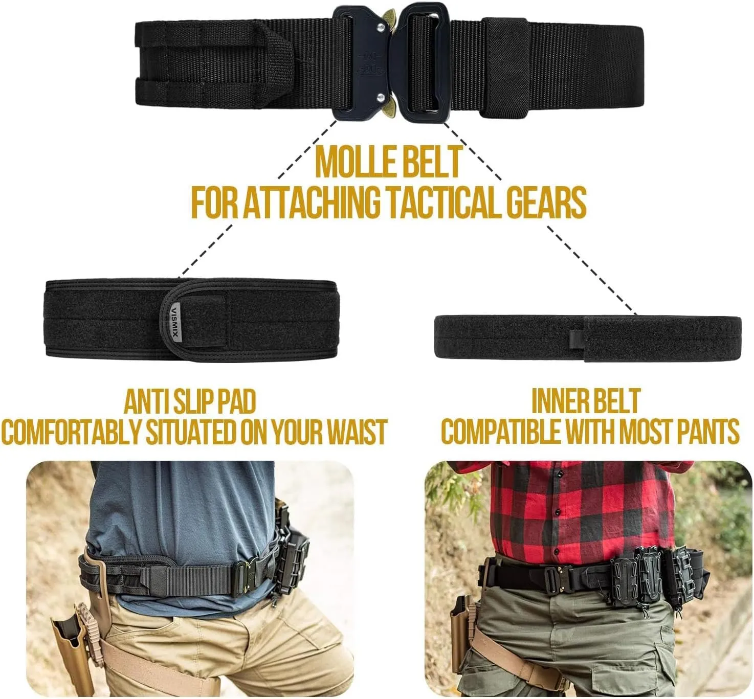 VISMIX Tactical Belt, Quick Release 1.75" MOLLE Battle Belt with Inner Belt and Anti-Slip Pad- Heavy Duty Battle Belts