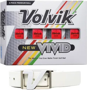 Volvik New Vivid 3-Piece Premium Matte Finish Golf Balls 1 Dozen (12 Balls) Bundle with Volvik 100% Genuine Italian Real Solid Leather Belt