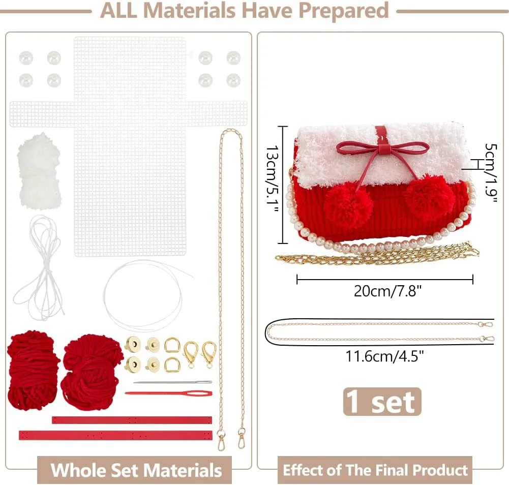 WADORN DIY Knitting Crochet Handbags Kit, Imitation Pearl Knitting Crochet Bag Making Kit Blank Mesh Plastic Shoulder Bag Crafting Set for DIY Handmade Crochet Bag, 8.6x1.9x5.1 Inch, Red