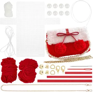 WADORN DIY Knitting Crochet Handbags Kit, Imitation Pearl Knitting Crochet Bag Making Kit Blank Mesh Plastic Shoulder Bag Crafting Set for DIY Handmade Crochet Bag, 8.6x1.9x5.1 Inch, Red