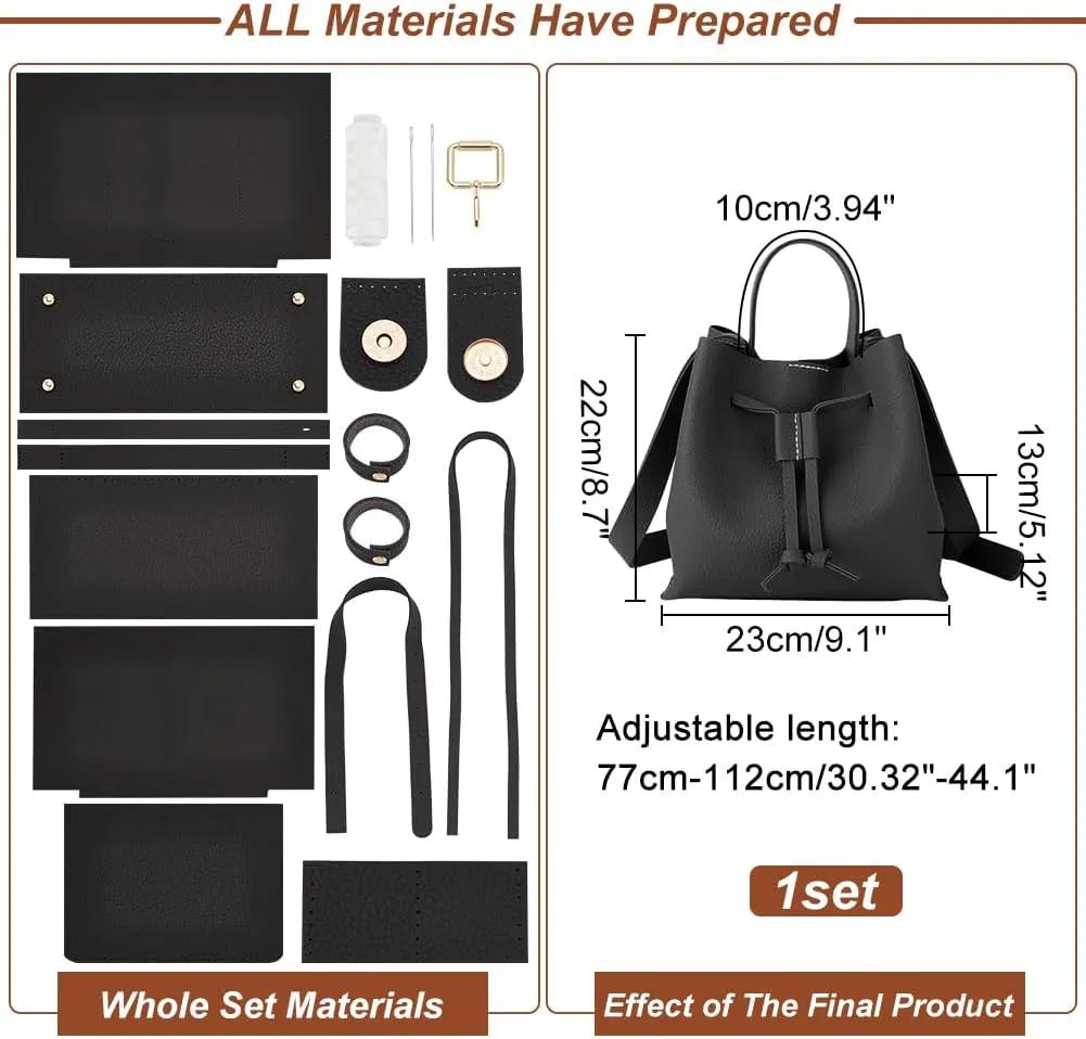 WADORN DIY Shoulder Bag Making Kits, Imitation Leather Handmade Drawstring Bucket Bag Making All Materials Hand Sewing Handbag Making Set for Craft Lovers Gifts, 9.1x5.1x8.6 Inch, Black