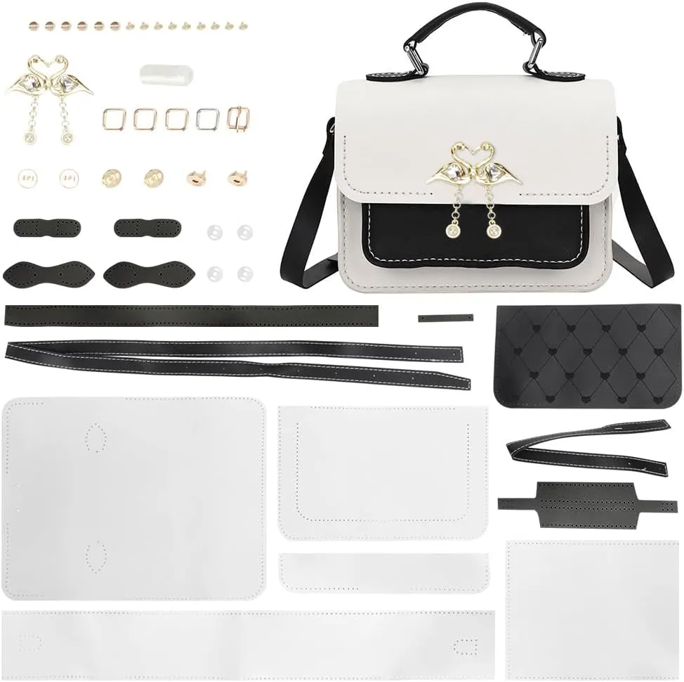 WADORN DIY Women Crossbody Bag Making Kit, DIY Imitation Leather Bag Making Material Handmade Knitting Crochet Bags Accessories Set Shoulder Bag Making Sewing Supplies Handicraft Bag Making Kit, White