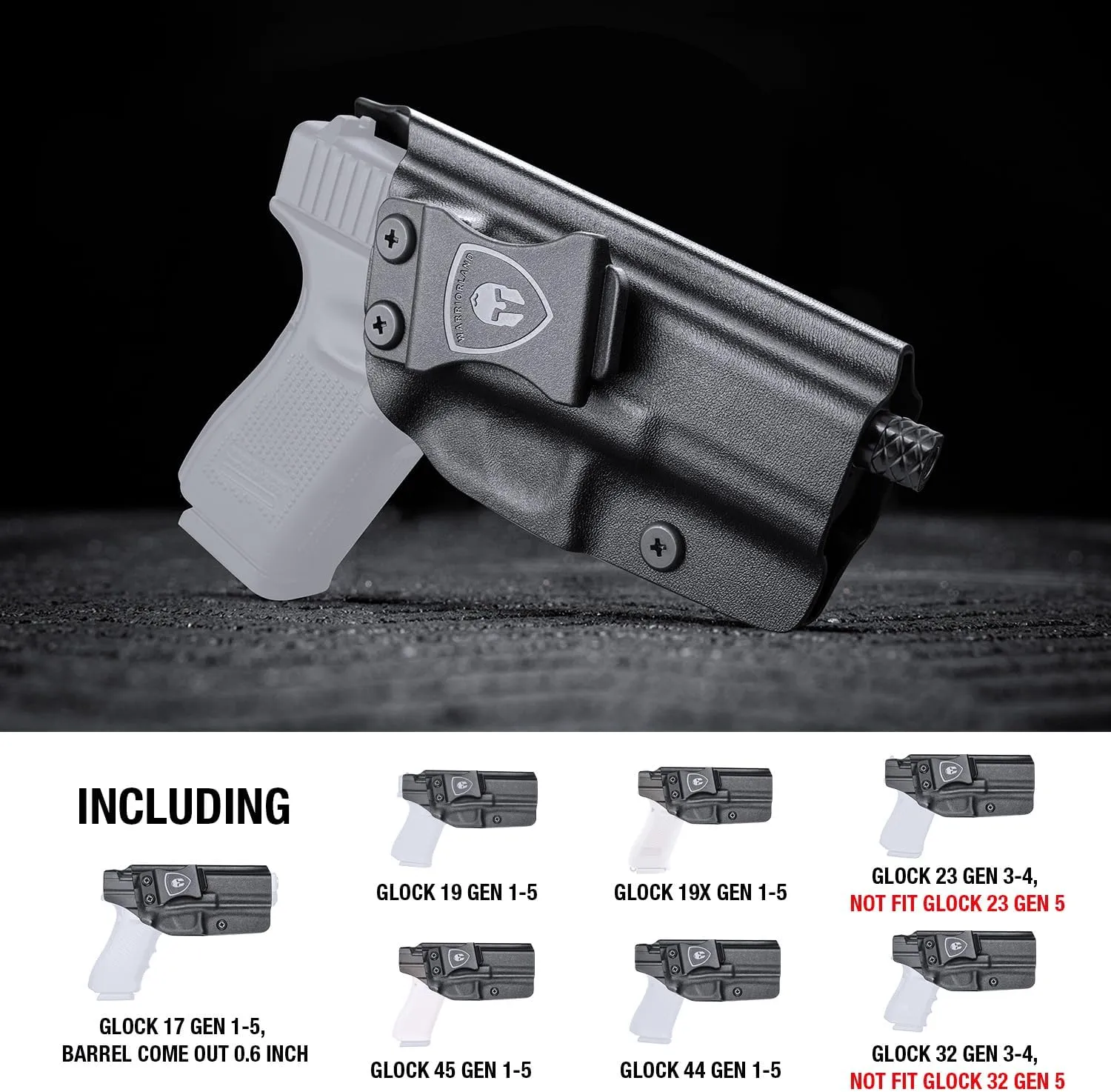 WARRIORLAND IWB Kydex Holster Compatible for Glock 17/19 Gen 3 4 5 & Glock 23/32 Gen 3 4 & Glock 19X/44/45,Inside Waistband Concealed Carry, Adj. Cant & Retention, Right/Left Hand and Claw Options