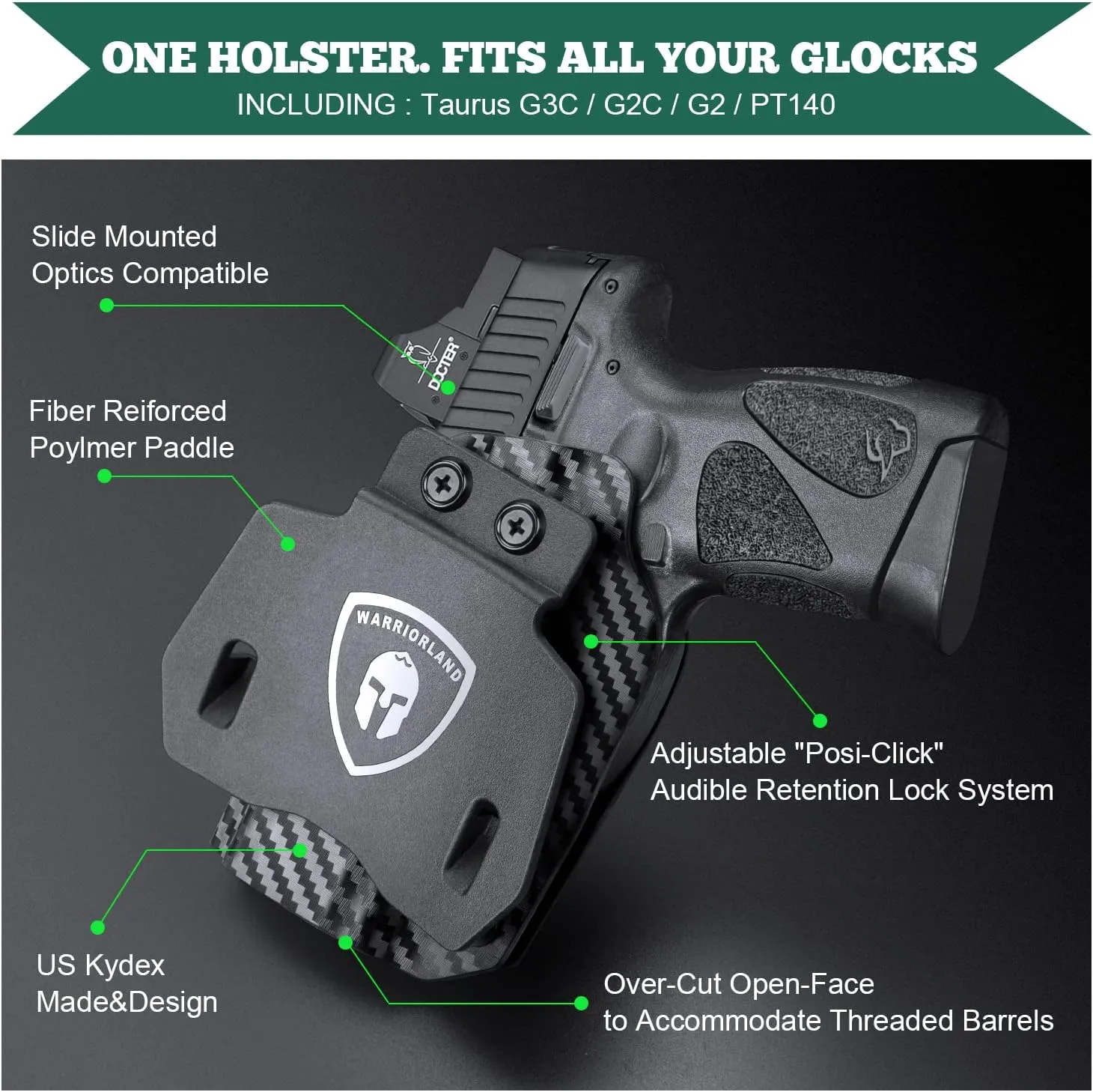 WARRIORLAND OWB Holster Optic Cut Compatible with Glock 17/19, G43/43X(NO MOS), Hellcat/Hellcat Pro, Taurus G2C/G3C, M&P Shield 9, M&P 9/380 Shield EZ, P226/P320/P365, Outside Waistband 1.75" Paddle