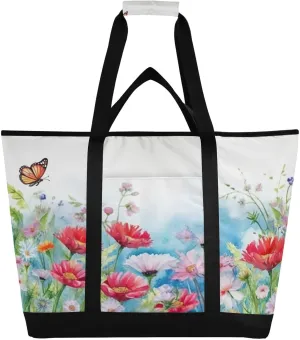 Watercolor Flowers Butterflies Reusable Insulated Lunchbox Cooler Bag, Leakproof Kitchen Grocery Bag Collapsible Portable Cooler Tote Bag for Picnic, Camping, Office, Travel