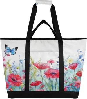 Watercolor Flowers Butterflies Reusable Insulated Lunchbox Cooler Bag, Leakproof Kitchen Grocery Bag Collapsible Portable Cooler Tote Bag for Picnic, Camping, Office, Travel