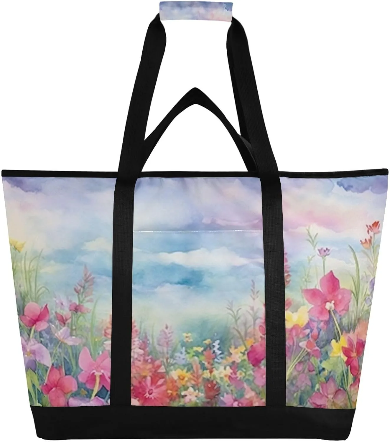Watercolor Flowers Reusable Insulated Lunchbox Cooler Bag, Leakproof Kitchen Grocery Bag Collapsible Portable Cooler Tote Bag for Picnic, Camping, Office, Travel