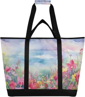 Watercolor Flowers Reusable Insulated Lunchbox Cooler Bag, Leakproof Kitchen Grocery Bag Collapsible Portable Cooler Tote Bag for Picnic, Camping, Office, Travel