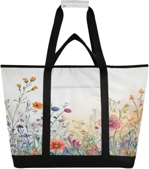 Watercolor Wildflowers Reusable Insulated Lunchbox Cooler Bag, Leakproof Kitchen Grocery Bag Collapsible Portable Cooler Tote Bag for Picnic, Camping, Office, Travel