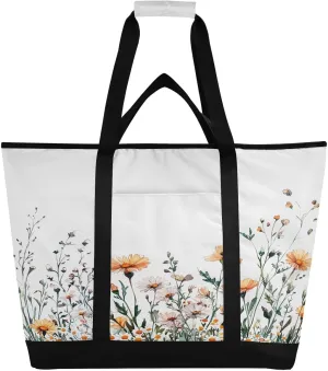 Watercolor Wildflowers Reusable Insulated Lunchbox Cooler Bag, Leakproof Kitchen Grocery Bag Collapsible Portable Cooler Tote Bag for Picnic, Camping, Office, Travel