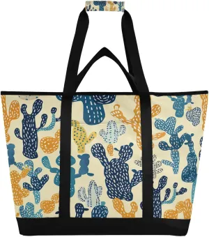 Watercolour Cactus Reusable Insulated Lunchbox Cooler Bag, Leakproof Kitchen Grocery Bag Collapsible Portable Cooler Tote Bag for Picnic, Camping, Office, Travel