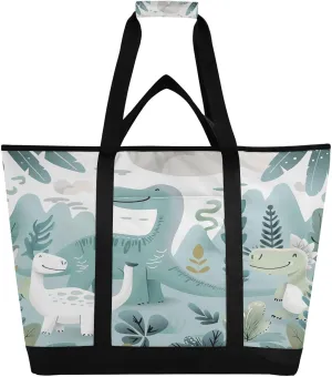 Watercolour Dinosaur Reusable Insulated Lunchbox Cooler Bag, Leakproof Kitchen Grocery Bag Collapsible Portable Cooler Tote Bag for Picnic, Camping, Office, Travel