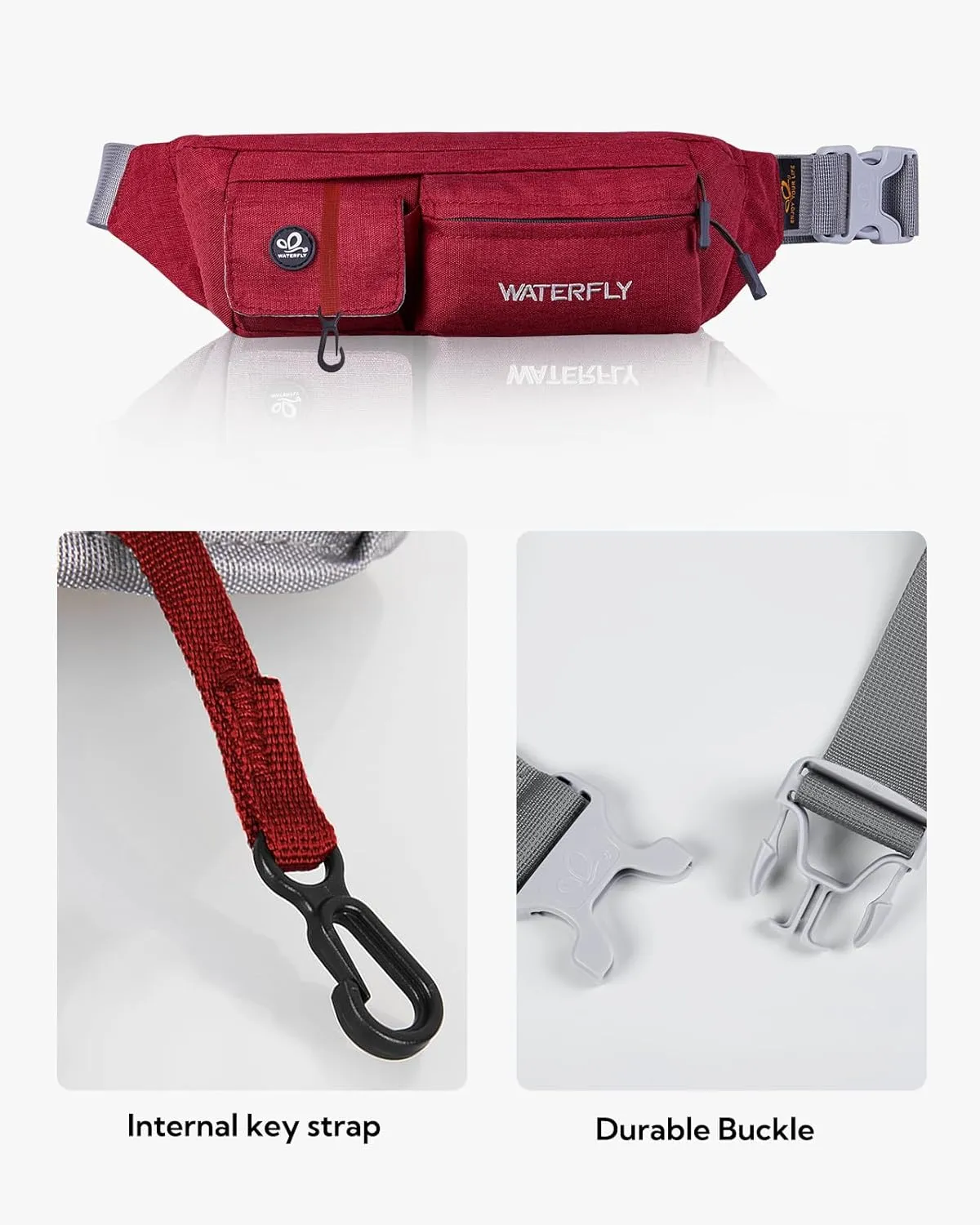 WATERFLY Fanny Pack for Women Men Water Resistant Small Waist Pouch Slim Belt Bag with 4 Pockets for Running Travelling Hiking Walking Lightweight Crossbody Chest Bag Fit All Phones…