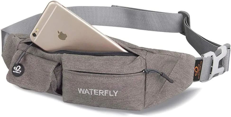 WATERFLY Fanny Pack for Women Men Water Resistant Small Waist Pouch Slim Belt Bag with 4 Pockets for Running Travelling Hiking Walking Lightweight Crossbody Chest Bag Fit All Phones…