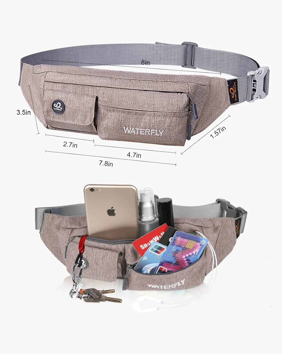 WATERFLY Fanny Pack for Women Men Water Resistant Small Waist Pouch Slim Belt Bag with 4 Pockets for Running Travelling Hiking Walking Lightweight Crossbody Chest Bag Fit All Phones…