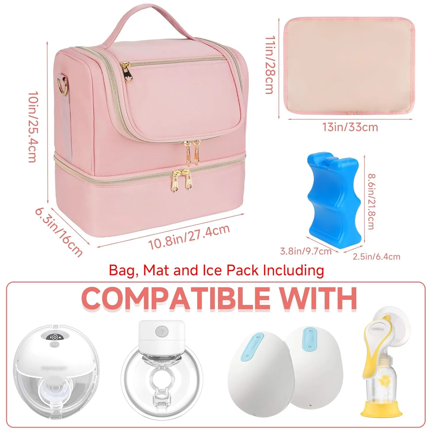 Wearable Breast Pump Bag with Cooler Compartment Fits for Willow/Elvie/Momcozy M5/S12 Pro/Medela, Breast Milk Travel Tote Bag with Ice Pack & Waterproof Mat,Pink