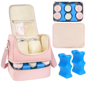 Wearable Breast Pump Bag with Cooler Compartment Fits for Willow/Elvie/Momcozy M5/S12 Pro/Medela, Breast Milk Travel Tote Bag with Ice Pack & Waterproof Mat,Pink