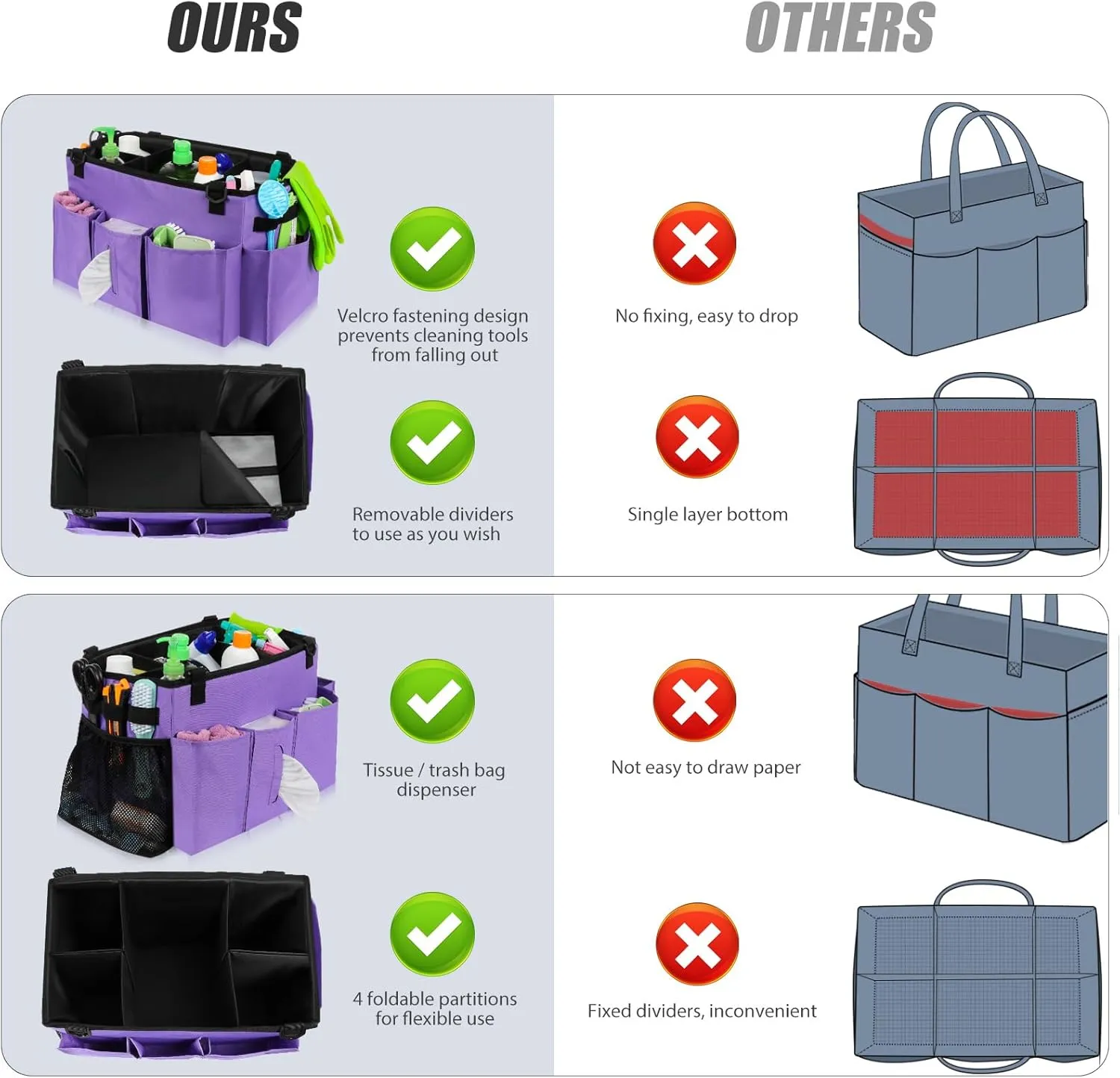 Wearable Cleaning Caddy Bag with Handle, Multi-functional Cleaning Supplies Caddy Organizer with Handle and Shoulder Strap for Car Wash, Gardening Tools, Painting/Picnic Items, Beach (Purple)