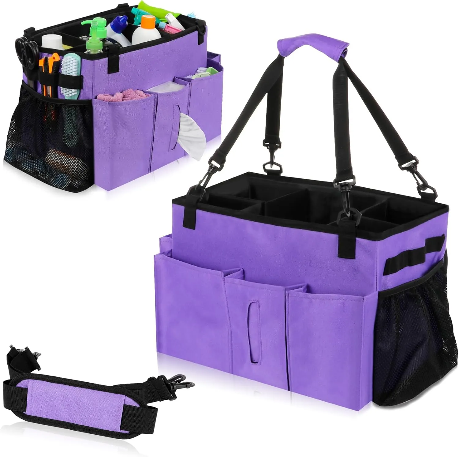 Wearable Cleaning Caddy Bag with Handle, Multi-functional Cleaning Supplies Caddy Organizer with Handle and Shoulder Strap for Car Wash, Gardening Tools, Painting/Picnic Items, Beach (Purple)